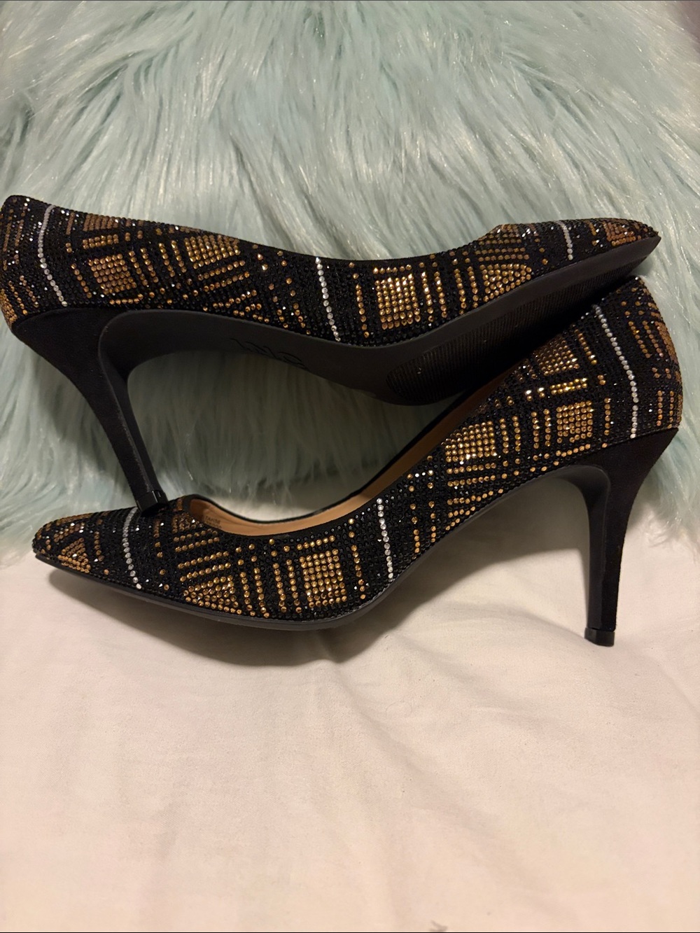 INC International Concepts Black and Gold Studded Pointed Toe Heels